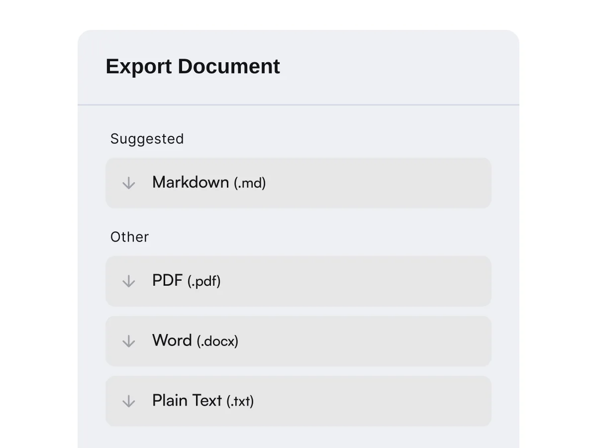 cDox document export options including PDF, Word, and Markdown